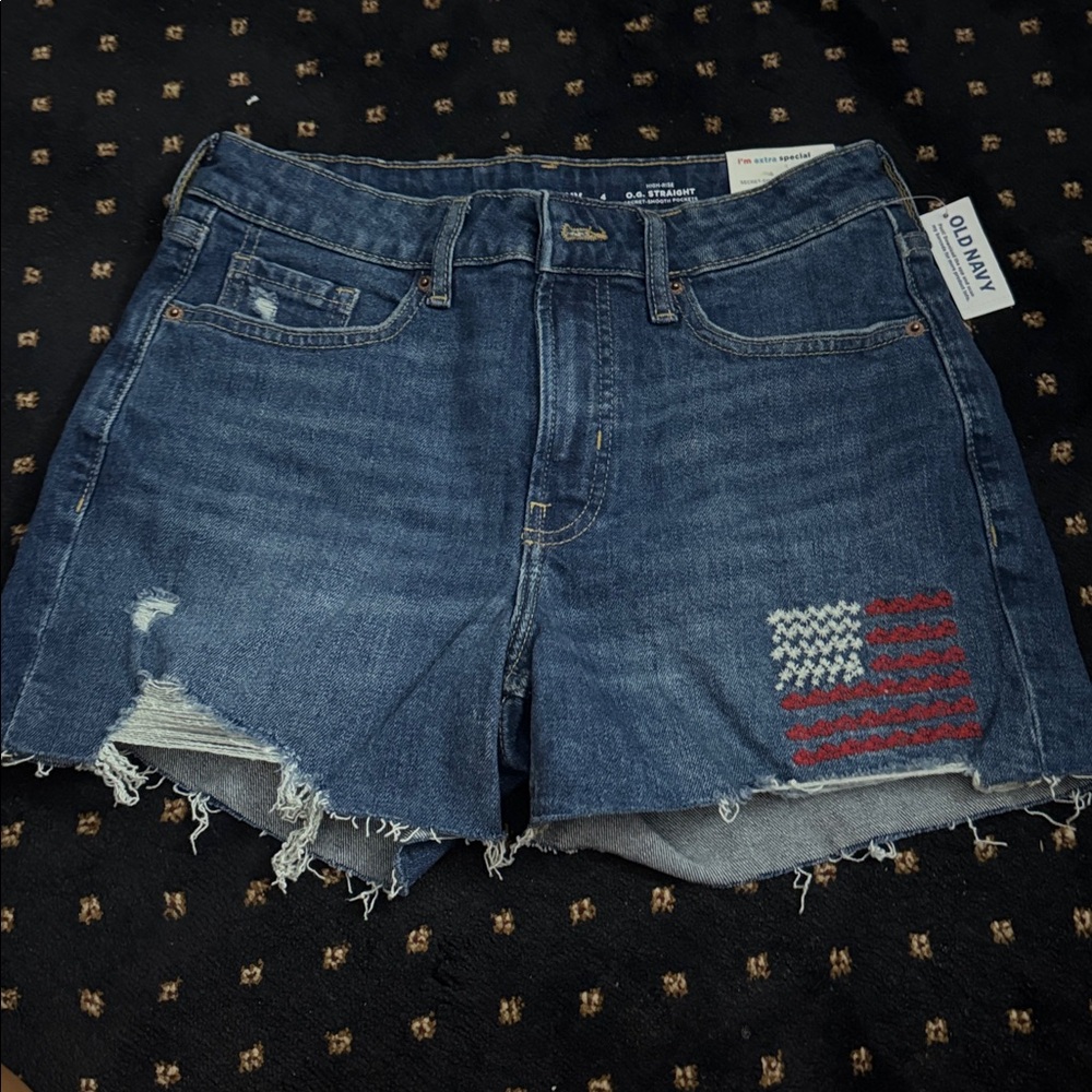 Denim Distressed Shorts with Flag Patch